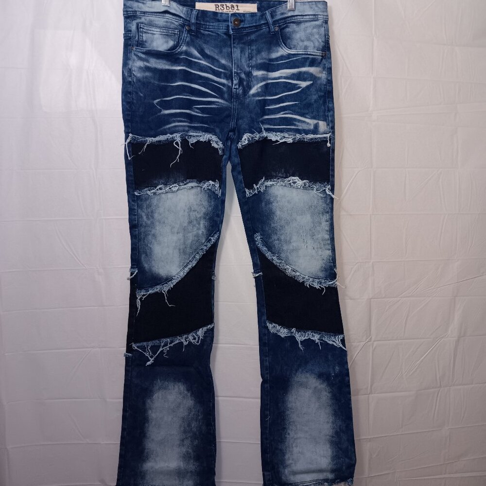 R3BEL STACKED FIT COLOR BLOCK WIDE WASHED DENIM JEANS